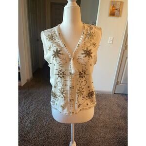 Vintage Holiday White Gold Beaded Vest Grandma Core Fall Christmas Nostalgia